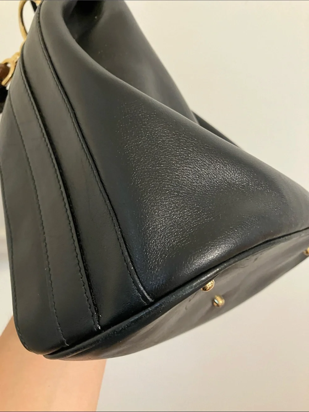 Gucci Black Leather Drawstring Bucket Bag with Bamboo Handle